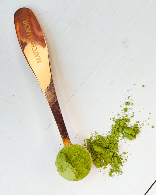 Polvo de Matcha Everyday, té verde matcha molido fino para uso diario en cucharita golden rose